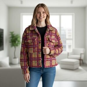 Plaid Sherpa Teddy Jacket, Button Front, Collared, Pink, Orange, Blue Medium NEW